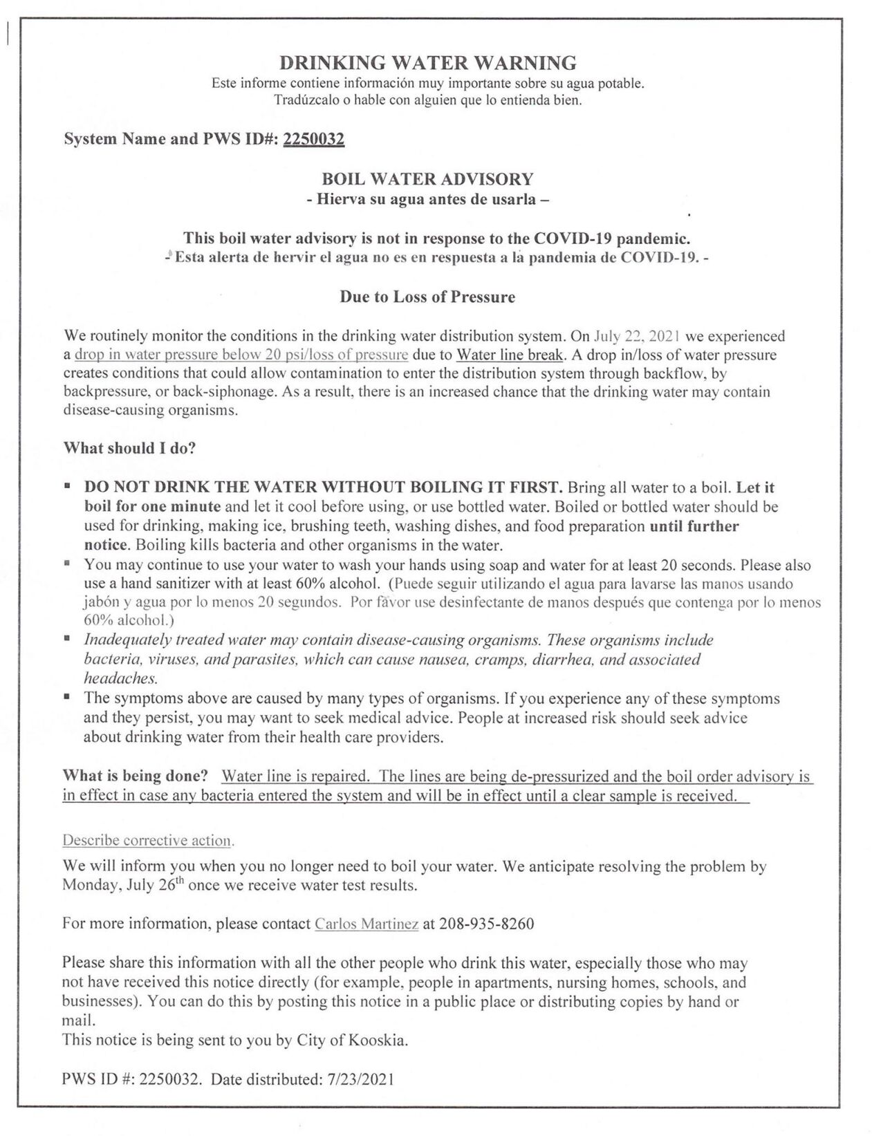 City of Kooskia Water Advisory